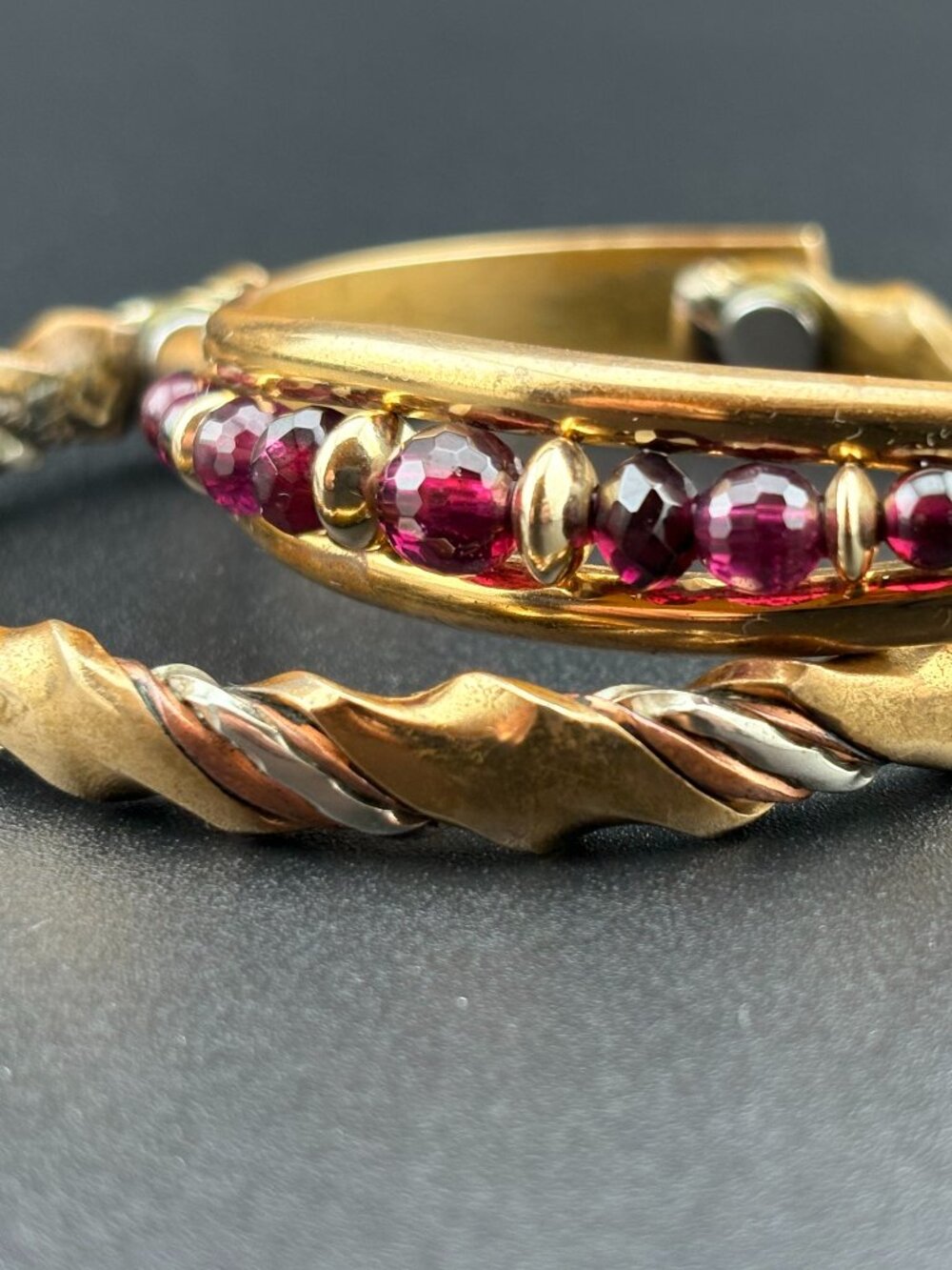 2 x Vintage Sergio Lub USA Brass Fancy Garnet & Ayurvedic Cuff Health Bracelets